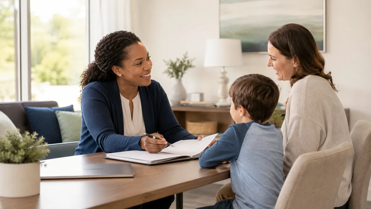 A staff member sits across a table from a parent and child, going through paperwork together.
