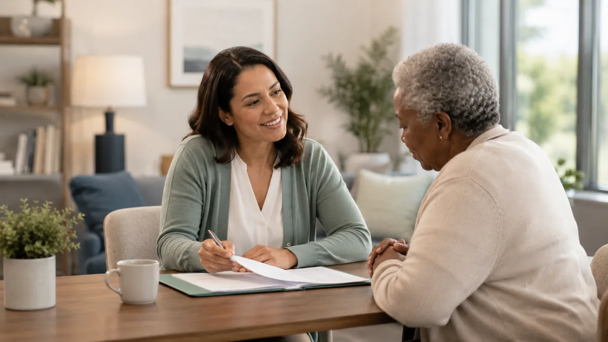 A staff member and an applicant talk one-on-one across a table, reviewing a folder of documents.