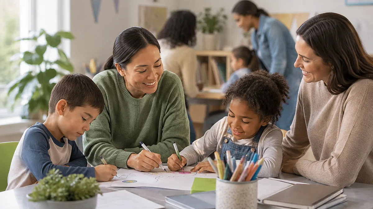 Adults and children drawing together around a table in a bright community room.