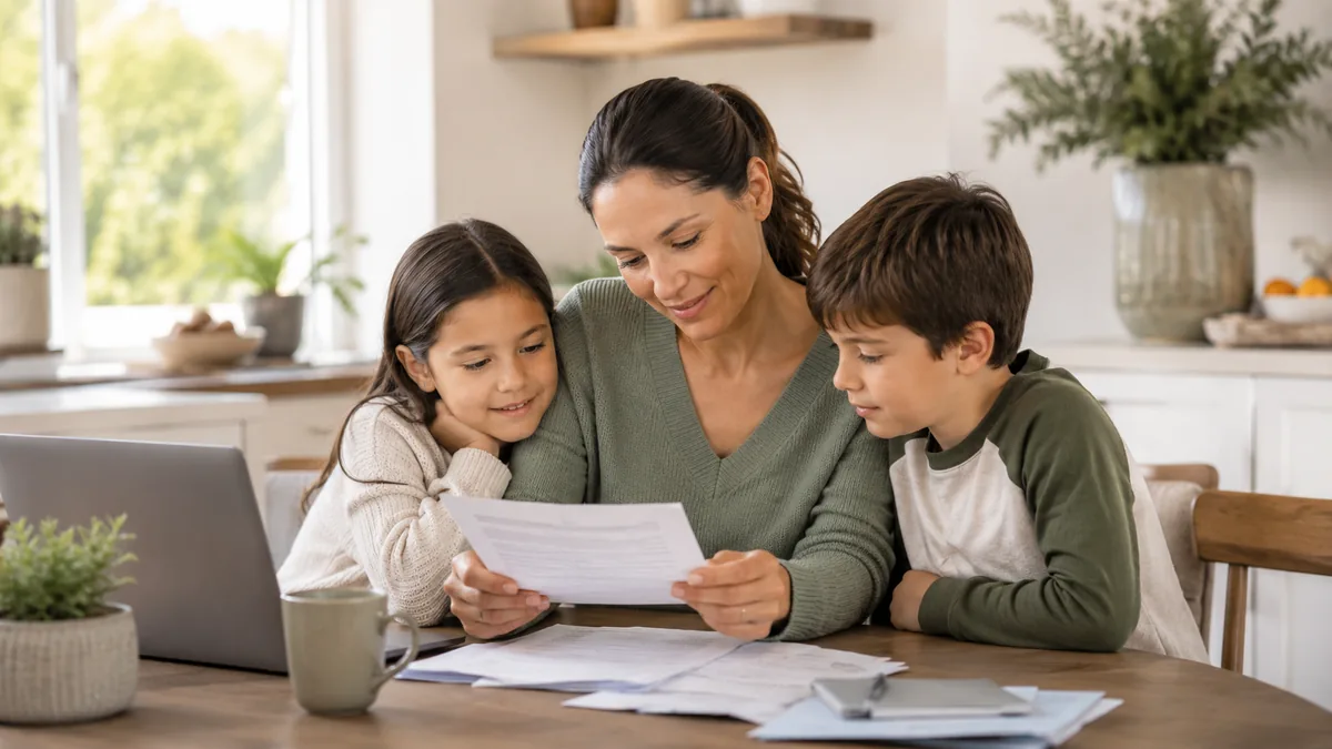 A parent and two children read a letter together at a kitchen table spread with bills.
